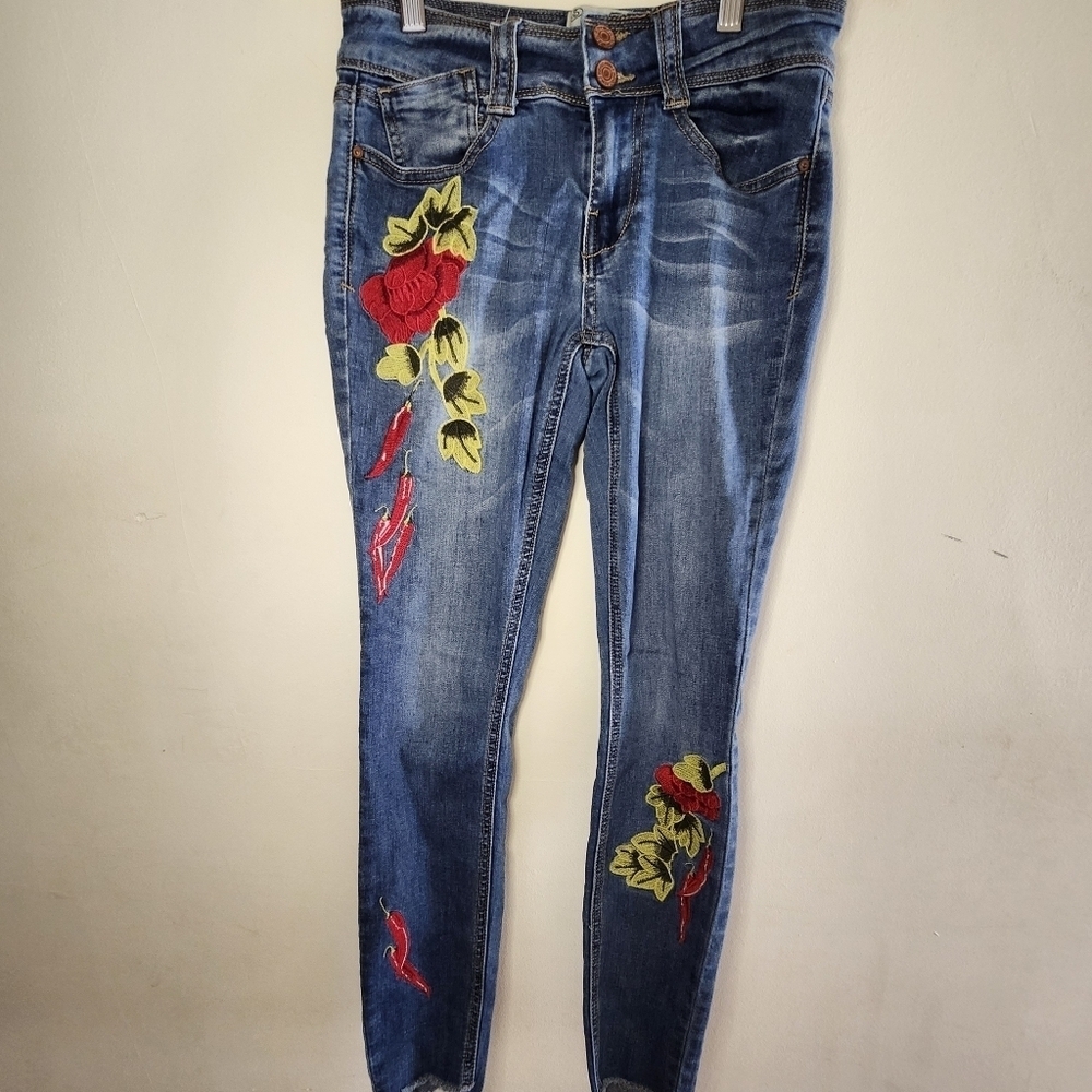 Hot Pepper Embroidered Skinny Ankle Jeans Indigo Reign Juniors Size 5